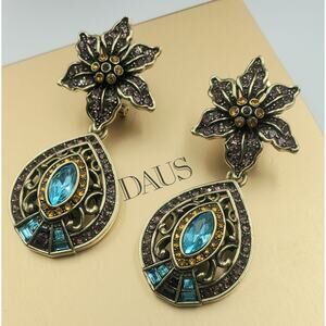 Heidi Daus “Esmeralda” Crystal Floral Dangle Earrings - Aqua  – NIB